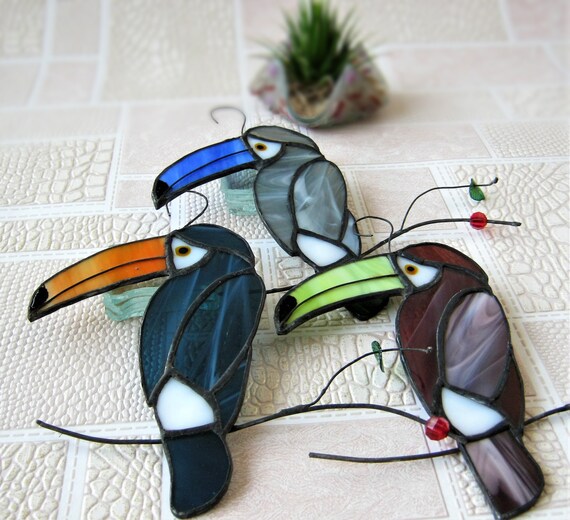 13x16 TOUCAN Bird Tropical Stained Art Glass Framed Suncatcher 