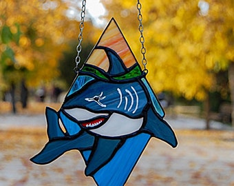 Shark Stained Glass Suncatcher - Nautical Coastal Decor -  Beach House Ornament