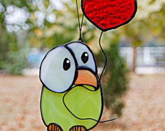 Stained Glass Chick Suncatcher with Heart Balloon - Nursery Window Decor