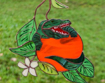 Stained glass crocodile Alligator and orange Florida's symbol Stained glass reptile and citrus Hanging predator Glassy Gator Colored Caiman