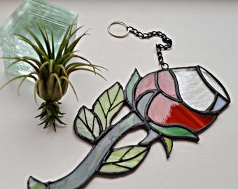 Stained Glass Rosebud Wineglass Suncatcher - Boho Floral Decor Gift