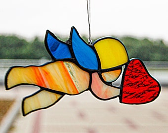 Stained Glass Angel Suncatcher: Cherubic Cupid with Heart Ornament