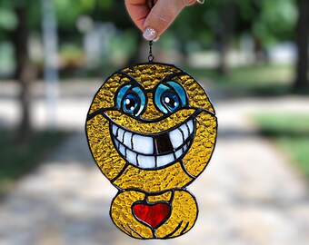 Smiley Face Stained Glass Suncatcher - Heart Emoji Window Decor