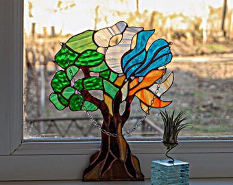 Stained Glass Tree of Life Suncatcher - 4 Elements Window Decor