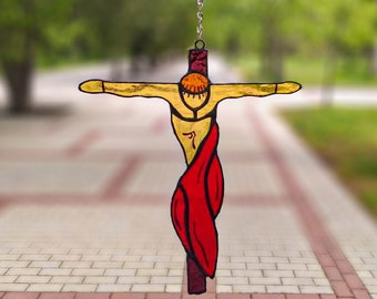 Jesus Crucifixion Stained Glass Cross Suncatcher – Christian Religious Gift Window Decor
