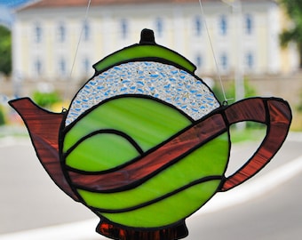 Teapot Stained Glass Suncatcher – Whimsical Kettle Window Ornament Kitchen Gift