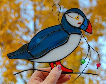 Stained Glass Puffin Suncatcher - Coastal Bird Window Ornament