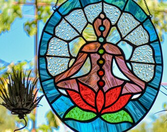 Stained Glass Buddha with Chakras & Lotus Flower - Zen Meditation Decor