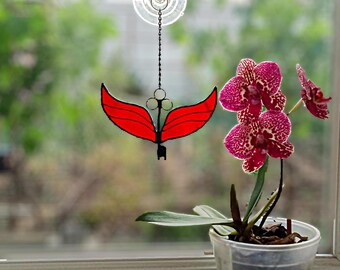 Red Stained Glass Winged Key Suncatcher, Gothic Fantasy Window Ornament