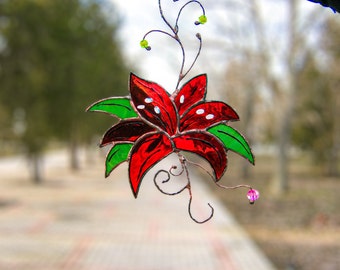 Stained glass lily flower Stained glass floral Floral window hanging Red brown flower Lily suncatcher Red petails Garden floral ornament