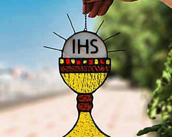 Eucharist Chalice Stained Glass Suncatcher - Religious Window Ornament
