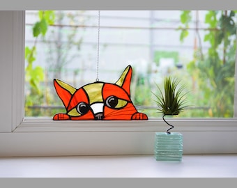 Ginger Cat Stained Glass Suncatcher - Funny Kitty Window Ornament