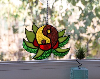 Stained Glass Yin Yang Lotus Suncatcher - Feng Shui Zen Decor