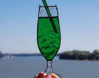 Green Stained Glass Cocktail Suncatcher - Bar Ornament -  Booze Lover Gift