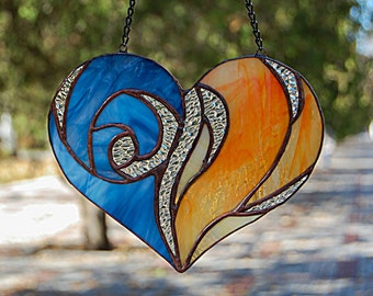 Stained Glass Heart Suncatcher- Blue Ice & Fiery Passion Ornament