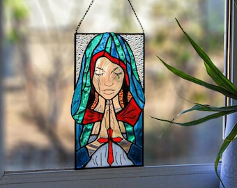 Grieving Virgin Mary Stained Glass Artwork – Religious Glass Window Art