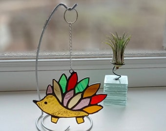Stained Glass Hedgehog with Stand - Woodland Animal Suncatcher - Windowsill Accent