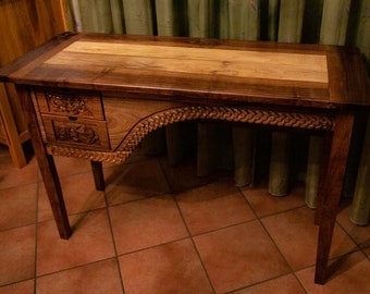 CARVED walnut wooden DESK with drawers, viking design, custom carvings