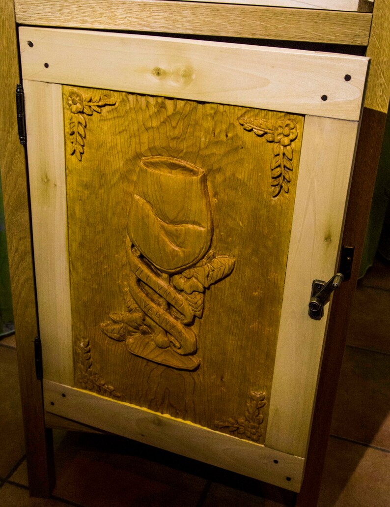 CUSTOM carved WINE and liquor CABINET