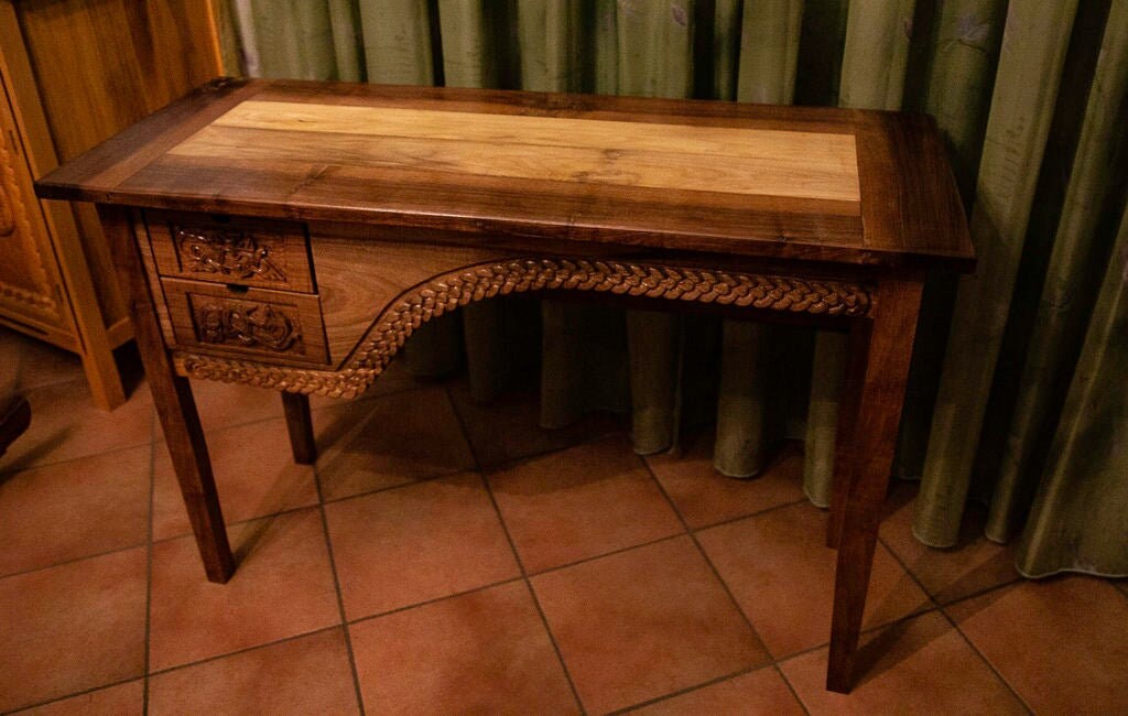 CARVED Walnut Wooden DESK With Drawers, Viking Design, Custom Carvings