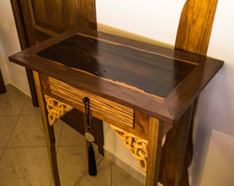 NARROW CONSOLE TABLE with hand carved celtic knots - narrow side table with live edge top