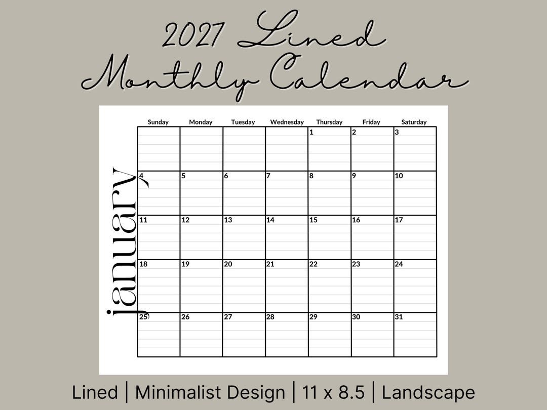 2027 Printable Calendar • 12-month Landscape PDF • Lined Monthly