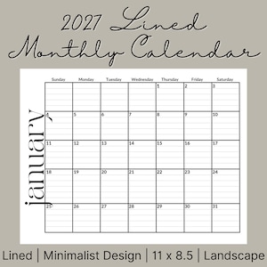 Könnte beinhalten: Minimalistischer Monatskalender 2027 mit linierten Seiten. Der Kalender ist im Querformat und misst 27,9 x 21,6 cm. Der Monat Januar wird mit den Wochentagen oben angezeigt.