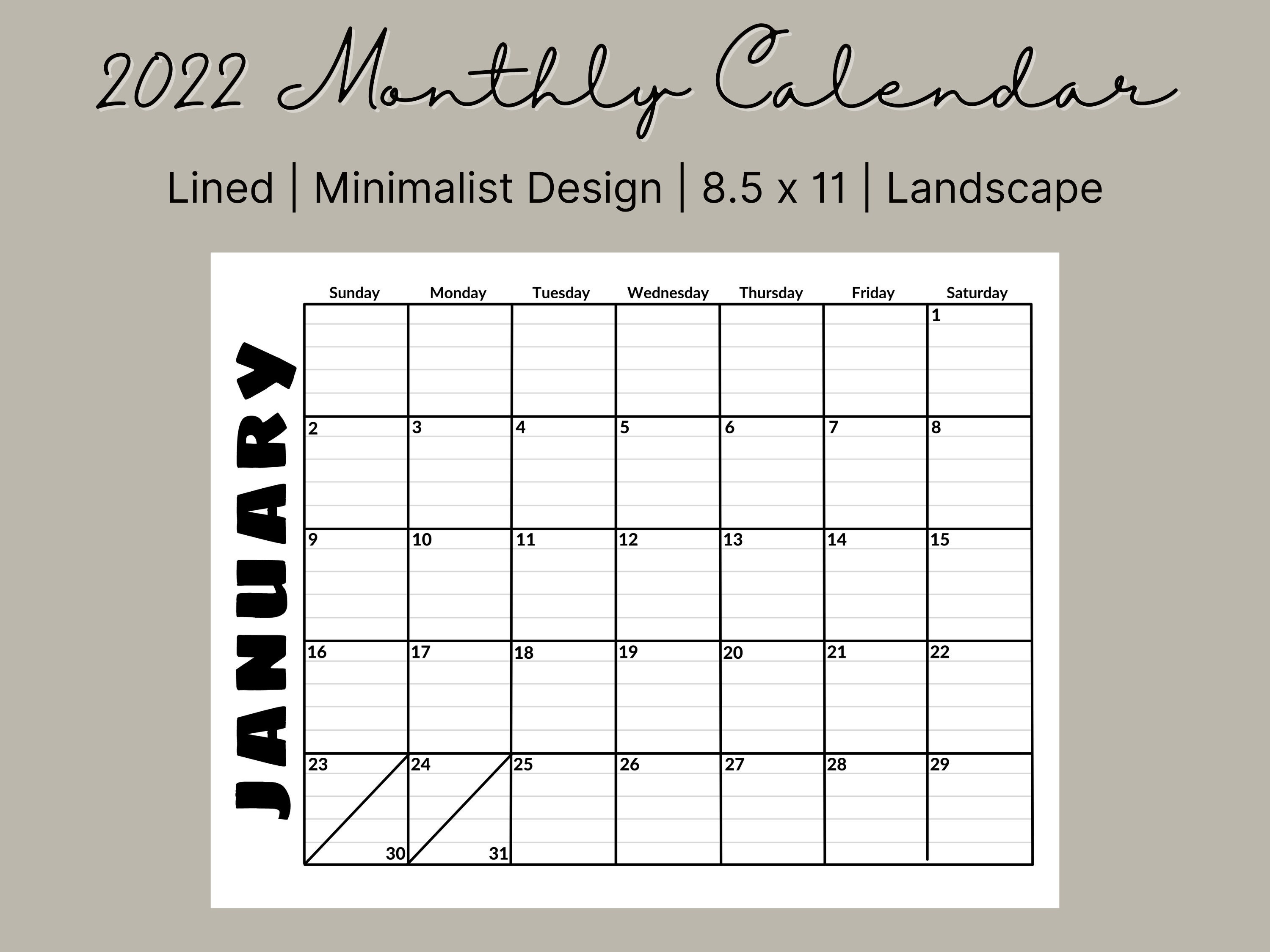 printable 2022 monthly calendar lined landscape etsy