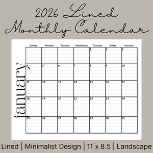 Calendrier 2026 imprimable • PDF paysage 12 mois • Pages d'agenda mensuelles lignées • Calendrier minimaliste • Téléchargement instantané