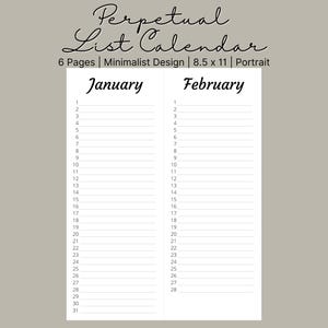 Perpetual List Calendar | Printable Minimalist Monthly Planner | Instant Download for Birthdays & Events | Year-Round Organizer