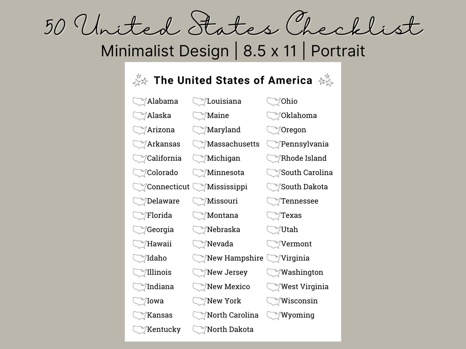 Printable 50 States Checklist | Bucket List | 50 States Challenge | 50 ...
