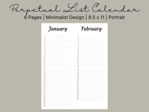 Perpetual List Calendar Printable Monthly Calendar List | Etsy