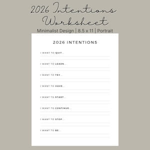 2026 Intentions Worksheet Printable | New Year Goal Setting Template | Minimalist Intentions Planner | Digital Download Self-Growth Sheet