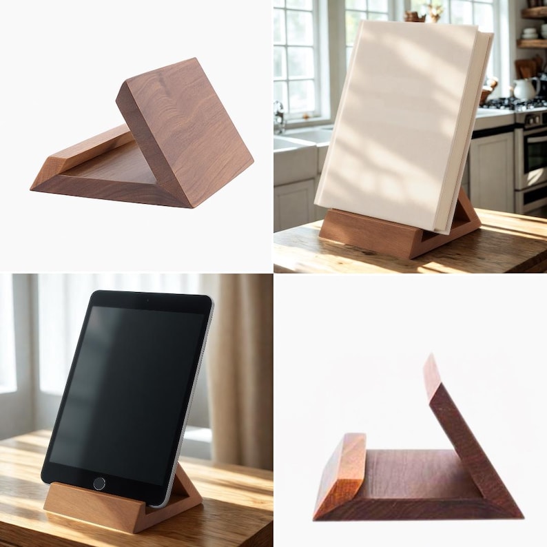 May include: Wooden tablet and book stands in various shades of brown. The stands have a triangular base and a slanted back to hold items upright. The tablet stand is holding a black tablet. The book stand is holding a white book.