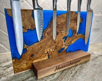Olivewood & Epoxy River Knife Holder, Magnetic Knife Rack, Resin Wood Knife Strip, Housewarming Gift, Magnetic Wood Knife Storage, Chef Gift