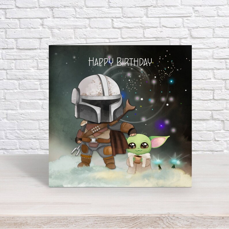 Star Wars Mandalorian Birthday Card With Baby Yoda & Boba Fett – Funny Galactic Greeting Card - View #3