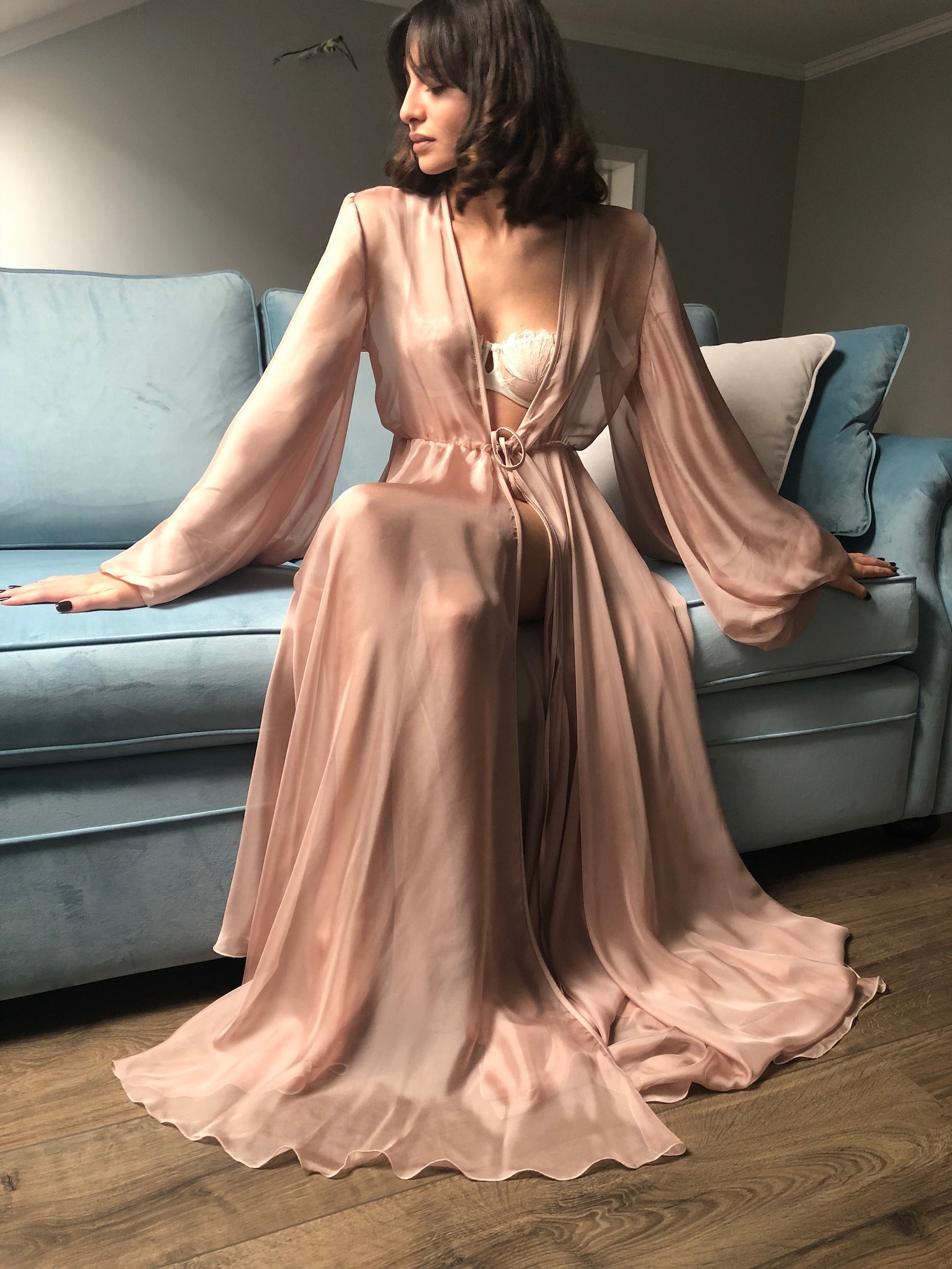 Long Nude Bridal Robe Sheer Robe See Through Lingerie Etsy 