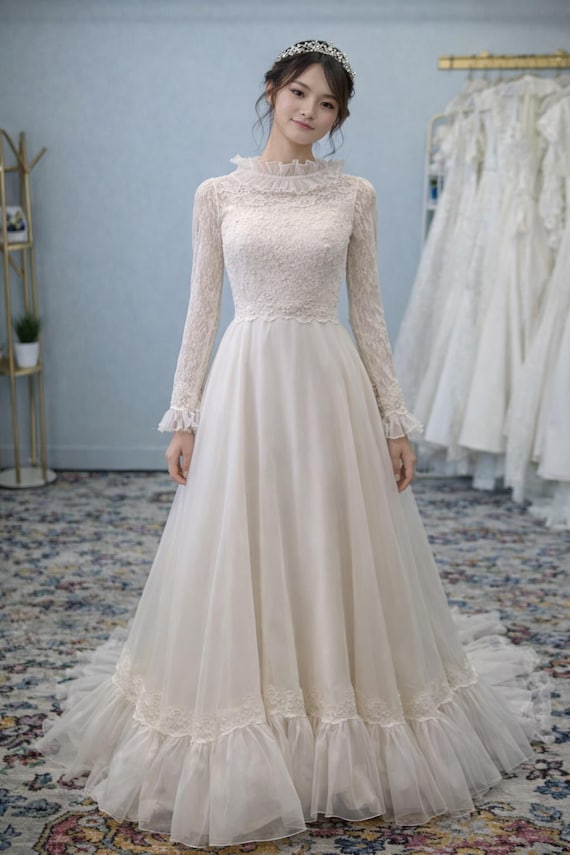 vintage 1970s wedding dresses Cream Evening/Wedding Dress, Size XS Featuring intricate lace detailing and a high neckline Refashion: Wedding Dress 1970-something to