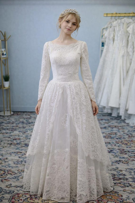 Vintage 1950s Lace Wedding Dress - Long Sleeves & Full Skirt Vintage 1950s Lace Wedding Dress - Long Sleeves & Full Skirt