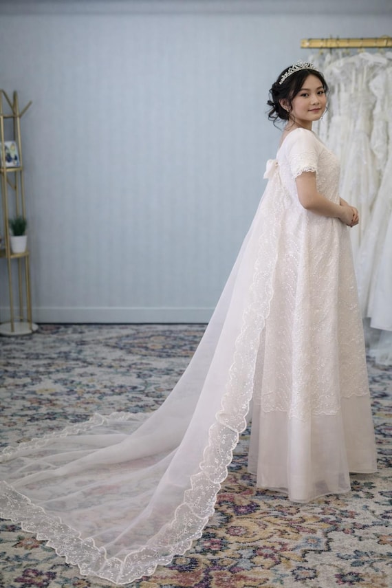 1960s Wedding Gown Featuring Watteau Train With Bow Detail 1960s Wedding Gown Featuring Watteau Train With Bow Detail