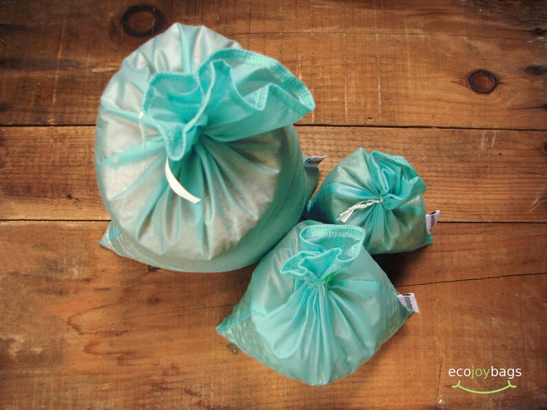 Reusable bulk food bag, Set of 3 small, medium, large reusable food bag, ripstop nylon BLUE turquoise image 3