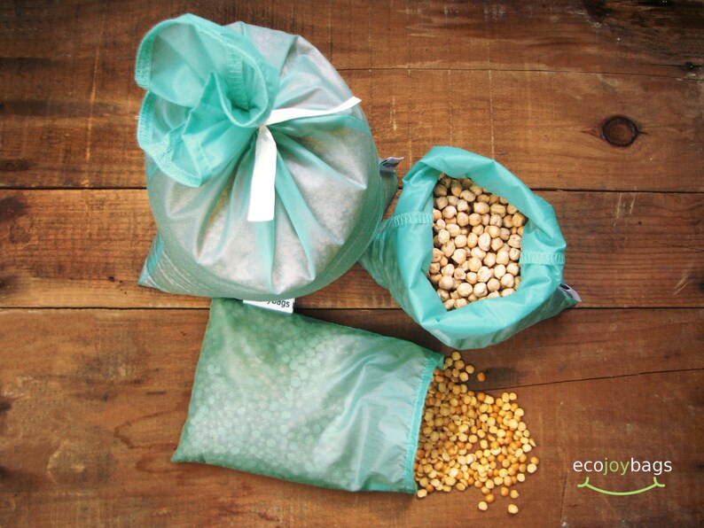 Reusable bulk food bag, Set of 3 small, medium, large reusable food bag, ripstop nylon BLUE turquoise image 2