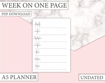 A5 Week on one page printable planner insert - Plan your week on this simple weekly overview planner dot grid - undated - printable download