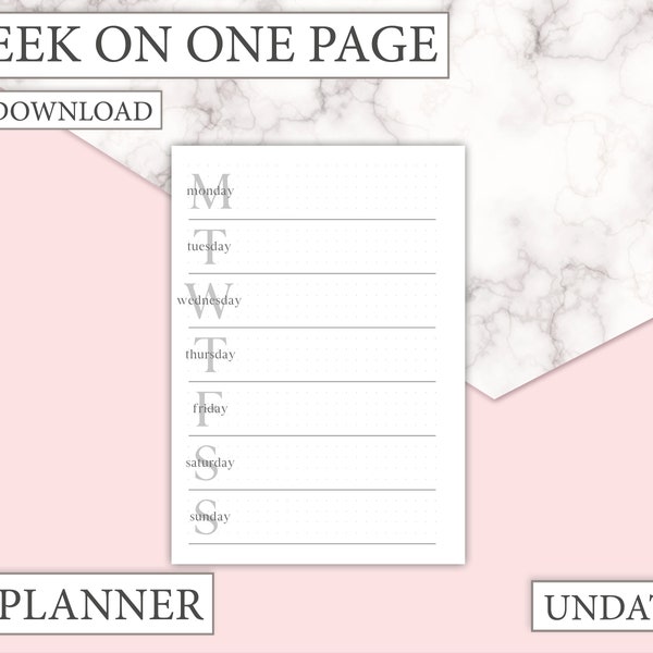 A5 Week on one page printable planner insert - Plan your week on this simple weekly overview planner dot grid - undated - printable download