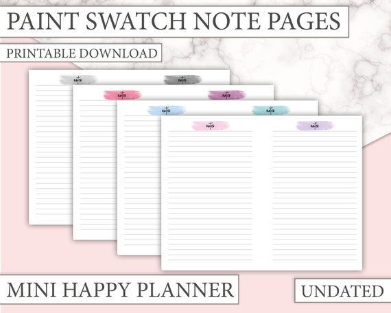 Mini Happy Planner Inserts - Notes Paper - Lined Notes Pages with Paint Swatches multi colour - Printable