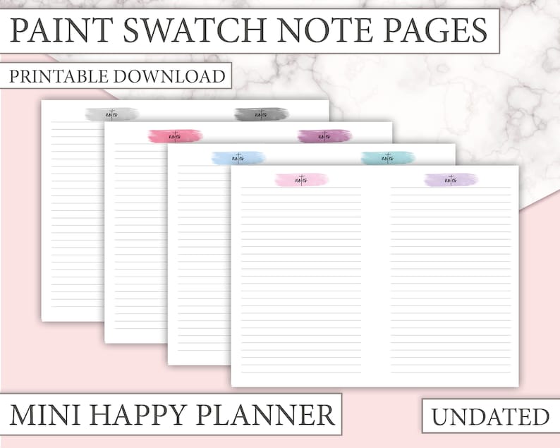 May include: Printable undated note pages with a paint swatch design. The pages are lined and have a watercolor-style paint stroke at the top of each page. The colors are pink, gray, blue, and purple.