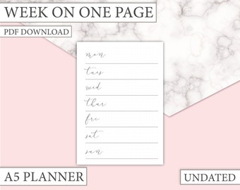 Week on one page - A5 - Plan your week out on this simple weekly overview planner with dot grid - undated - Pdf printable download