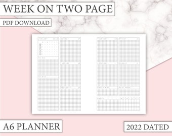 A6 Rings - 2022 Dated - Small 2.5mm grid - Week on Two Pages (WO2P) - A6 Ring Planner printable insert - PDF Download