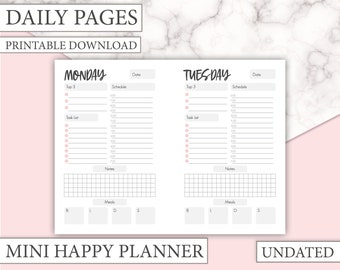 Mini Happy Planner Daily Printable Inserts - One page per day UNDATED Planner inserts - Pdf printable planner download with meal tracker