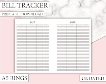 A5 RINGS - Bill Tracker - Track your finances with this printable insert for A5 (Large Kikki K) planners! Print multiple pages!  - Printable